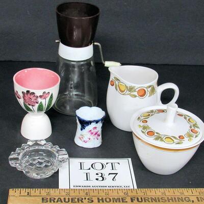 Lot of Misc Kitchen Stuff, Franciscan Sugar Creamer, Egg Cup, Nut Grinder, American Ash Tray, Toothpick