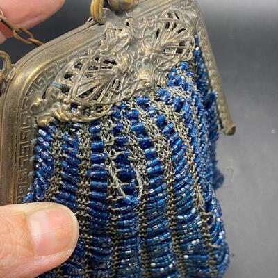 Vintage Antique Blue Beaded Flapper Purse Hand Bag