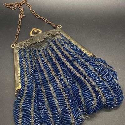 Vintage Antique Blue Beaded Flapper Purse Hand Bag