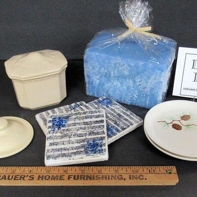 Lot of Misc Kitchen Items, Large Candle, Stone Coasters
