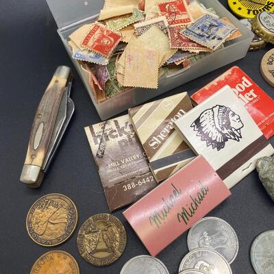 Trinket Collection Mixed Lot Stamps Coins Tokens Match Books Pocket Knives
