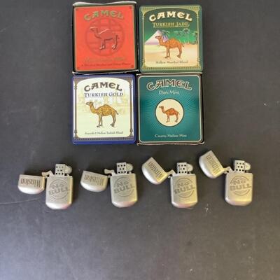 A - 357  Four Vintage Camel Cigarette Tin Boxes & Four Winston Tobacco Lights