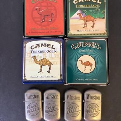 A - 357  Four Vintage Camel Cigarette Tin Boxes & Four Winston Tobacco Lights