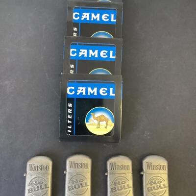 A - 358 Four Vintage Camel Cigarette Tin Boxes & Four Winston Tobacco Lights