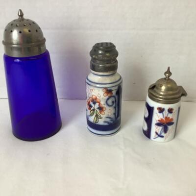 A - 360 Antique Imari Porcelain Jar, Cobalt Blue Glass Shaker, Flow Blue Shaker, Childs Antique Fork/Spoon