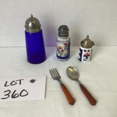 A - 360 Antique Imari Porcelain Jar, Cobalt Blue Glass Shaker, Flow Blue Shaker, Childs Antique Fork/Spoon