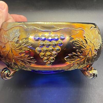 Vintage Fenton Grape & Vine Blue Gold Carnival Glass Footed Bowl