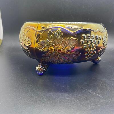 Vintage Fenton Grape & Vine Blue Gold Carnival Glass Footed Bowl