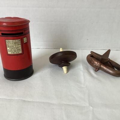A - 361  Antique Tin Bank, Vintage Wooden Top, Vintage Bronze Colored Star Cast Metal Puzzle game