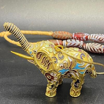 Small Cloisonne Elephant Ornament Figurine and Vintage Swirled Glass Beads