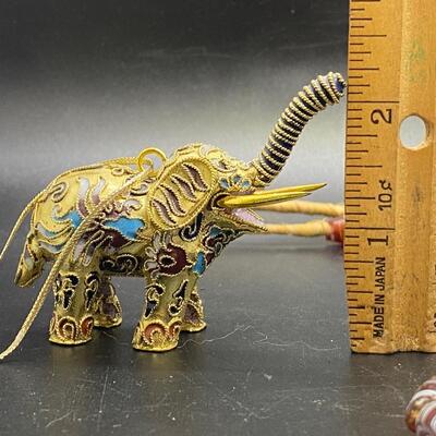 Small Cloisonne Elephant Ornament Figurine and Vintage Swirled Glass Beads