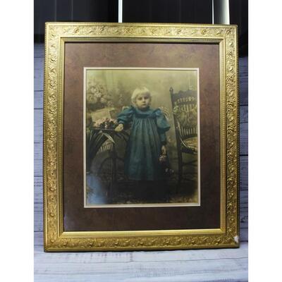 Vintage Gold Framed Print Portrait of a Child in Blue Dress