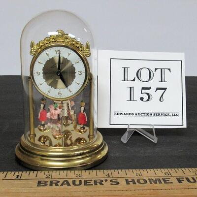 West German Wind Up Clock German Figures Spin, With Glass Dome