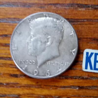 LOT 43  1964 KENNEDY HALF AND POLITICAL PIN