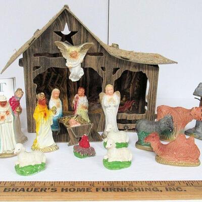 Vintage Woolworth's Nativity Set With Additional Pieces, Cardboard, Chalk, Plastic, Wood
