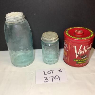 A - 379  Pair of Antique Blue Mason Jars with Lids & Antique Velvet Tobacco Tin Canister