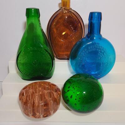 Lot 901: Wheaton Vintage Bottles, Peach Flower Frog and Green Bubble Paperweight