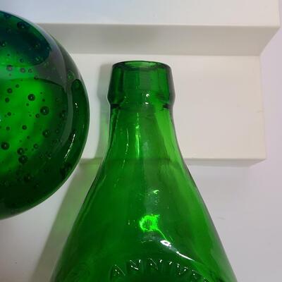 Lot 901: Wheaton Vintage Bottles, Peach Flower Frog and Green Bubble Paperweight