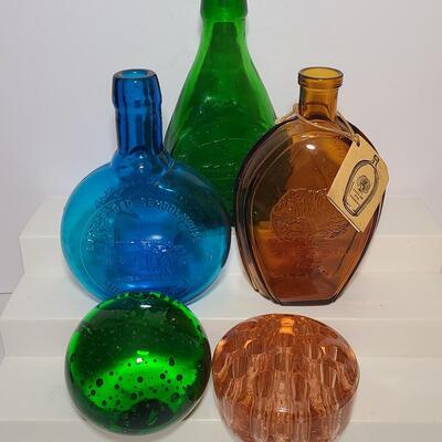 Lot 901: Wheaton Vintage Bottles, Peach Flower Frog and Green Bubble Paperweight