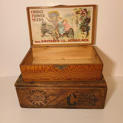 Lot 777: Vintage Wood Advertising Storage Boxes: Flower Seeds & Croft Allen Cocoa