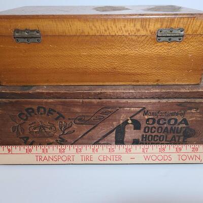 Lot 777: Vintage Wood Advertising Storage Boxes: Flower Seeds & Croft Allen Cocoa