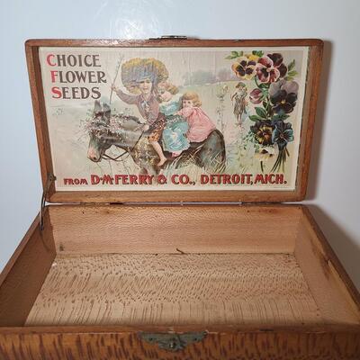 Lot 777: Vintage Wood Advertising Storage Boxes: Flower Seeds & Croft Allen Cocoa