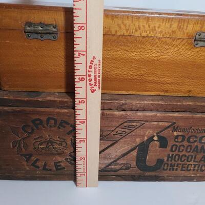 Lot 777: Vintage Wood Advertising Storage Boxes: Flower Seeds & Croft Allen Cocoa