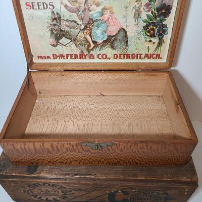 Lot 777: Vintage Wood Advertising Storage Boxes: Flower Seeds & Croft Allen Cocoa