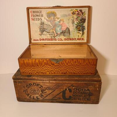 Lot 777: Vintage Wood Advertising Storage Boxes: Flower Seeds & Croft Allen Cocoa