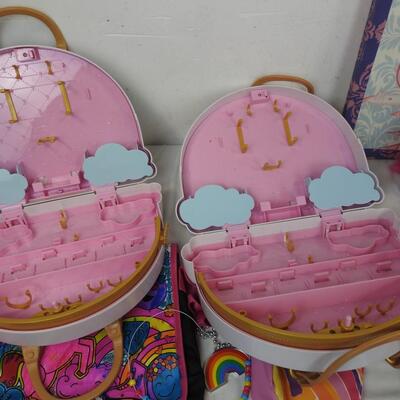 Kids Lot: Pink Rainbow Cases, Minnie Mouse Bucket and Basket, Figurine and Watch