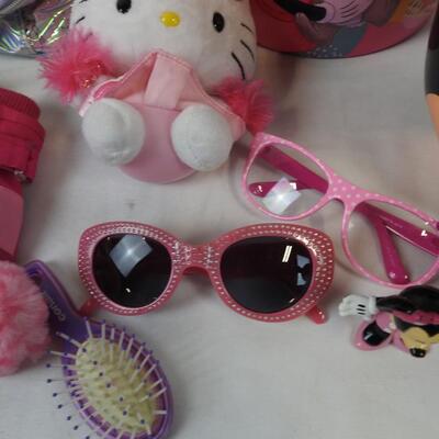 Kids Lot: Pink Rainbow Cases, Minnie Mouse Bucket and Basket, Figurine and Watch