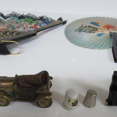 Vintage Metal Car Pin Cushion, Cat Tape Measure, Thimbles, Chinese Fans