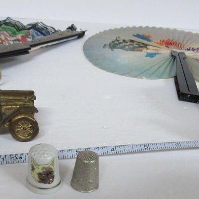 Vintage Metal Car Pin Cushion, Cat Tape Measure, Thimbles, Chinese Fans