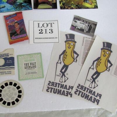 Lot of Misc: Postcards, View Master Ugly Duckling 1948, Mr Peanut Transfers, Elvis Cards