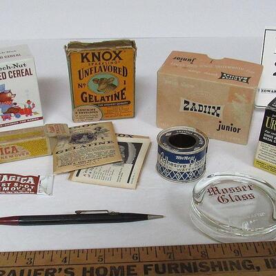 Lot of Vintage Small Advertising Boxes and Paperweight, Mechanical Pencil