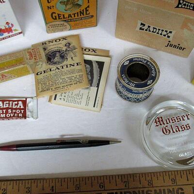 Lot of Vintage Small Advertising Boxes and Paperweight, Mechanical Pencil