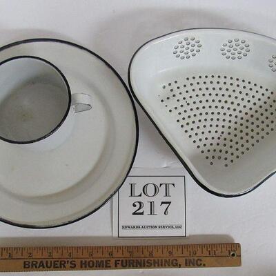 3 Antique Graniteware Pieces, Corner Strainer, Plate, Mug