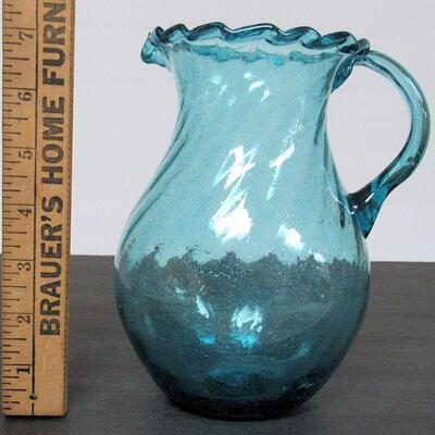 Vintage Blue Glass Ruffled Top Pitcher, Tiny Bubbles, Pontil, Unmarked