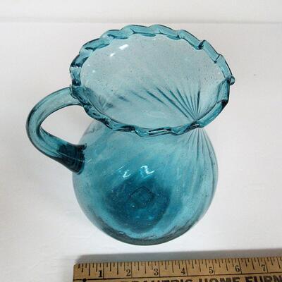 Vintage Blue Glass Ruffled Top Pitcher, Tiny Bubbles, Pontil, Unmarked