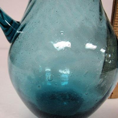 Vintage Blue Glass Ruffled Top Pitcher, Tiny Bubbles, Pontil, Unmarked