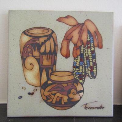Pair of Native American Art Tile and Wood Decor Pieces