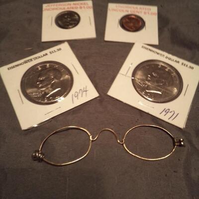 Antique 18k Gold Glasses Frame and 4 US Coins