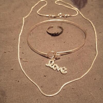 Sterling adjustable ring, necklace and love bracelet