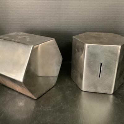 C262 MCM Pair of Stainless Steel Hexagon Coin Banks