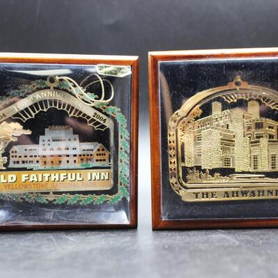 Pair of Gold Plate Souvenir Vacation Ornaments Old Faithful Inn The Ahwahnee