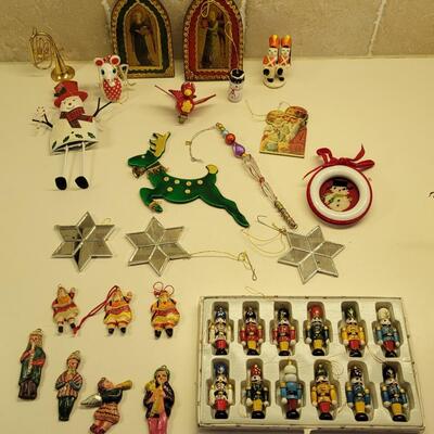 Lot 23: Vintage Christmas Ornaments - Handpainted International Ornaments, Nutcrackers, Mirror Stars, Snowmen, Angels Ect.
