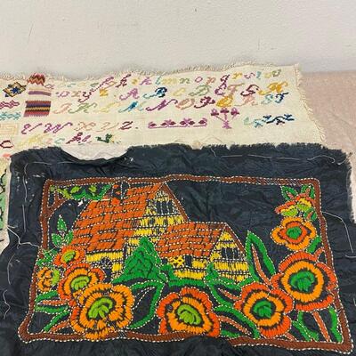 Vintage Colorful Embroidered Stitched Linen and Beaded Doily Pair