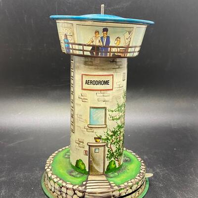 Vintage Schylling Aerodrome Tin Toy Airport Control Tower Wind Up Missing Planes