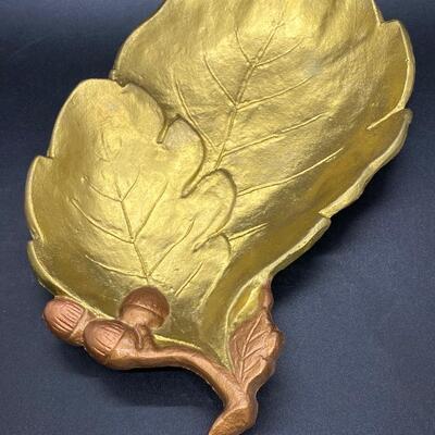 Vintage Mid Century Oak Leaf Acorn Metallic Painted Cast Metal Trinket Dish Tray