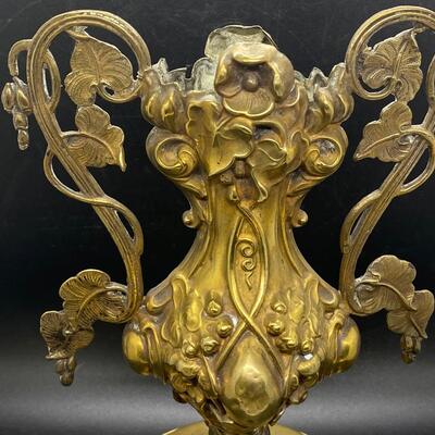 Vintage Art Nouveau Decorated Leaf, Vines & Flower Gilted Bronze Metal Vase